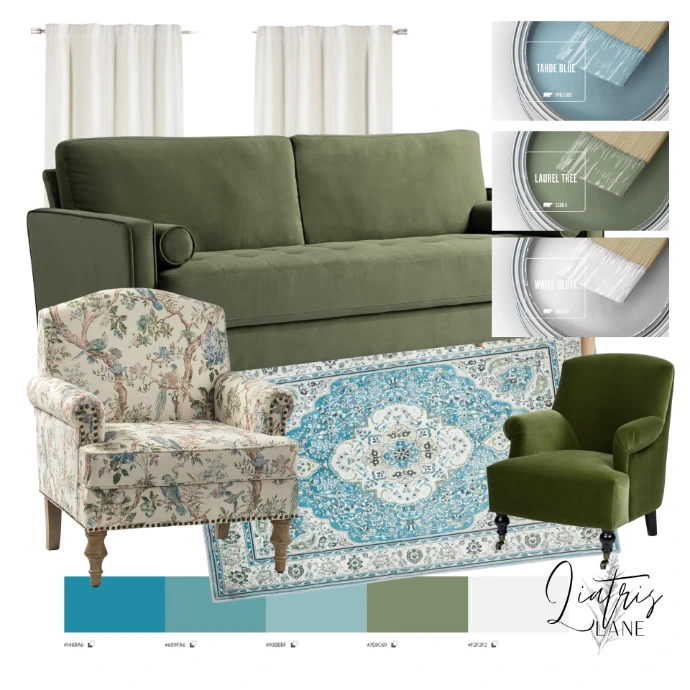 Home living room decor green sofa wingback behr paint rug turquoise